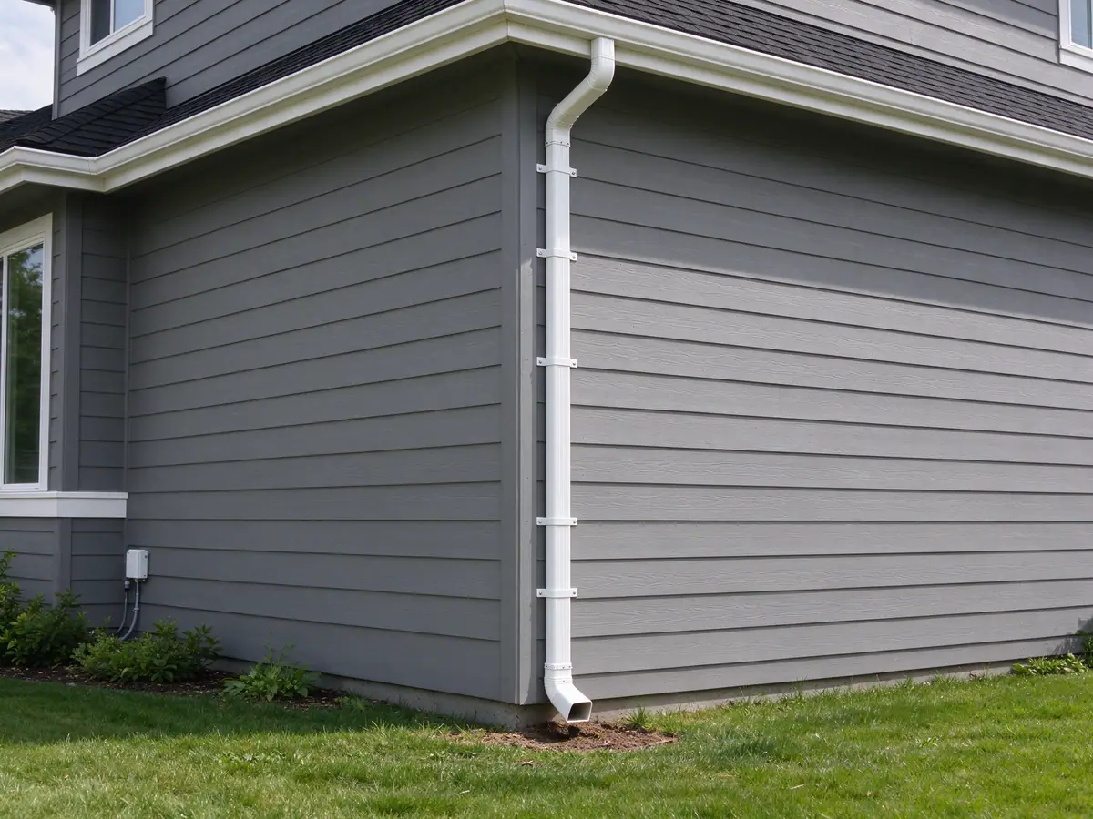 3x4 aluminum downspout running down a two-story wall with straps at each section