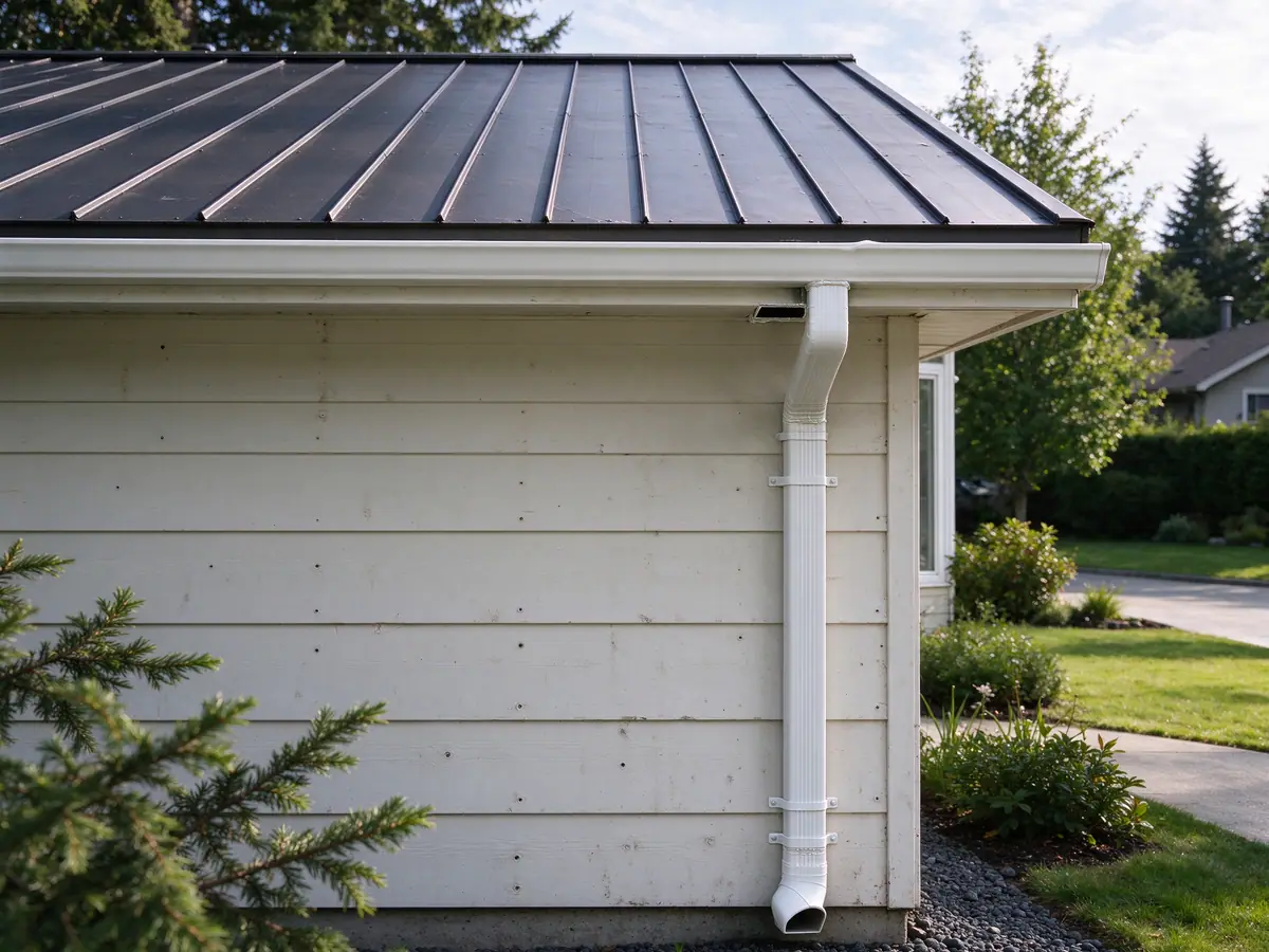 6-inch seamless gutter and 3x4 downspout on a metal-roofed house