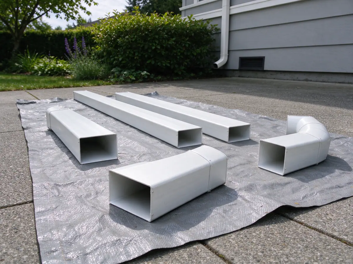A-style and B-style downspout elbows laid out before assembly