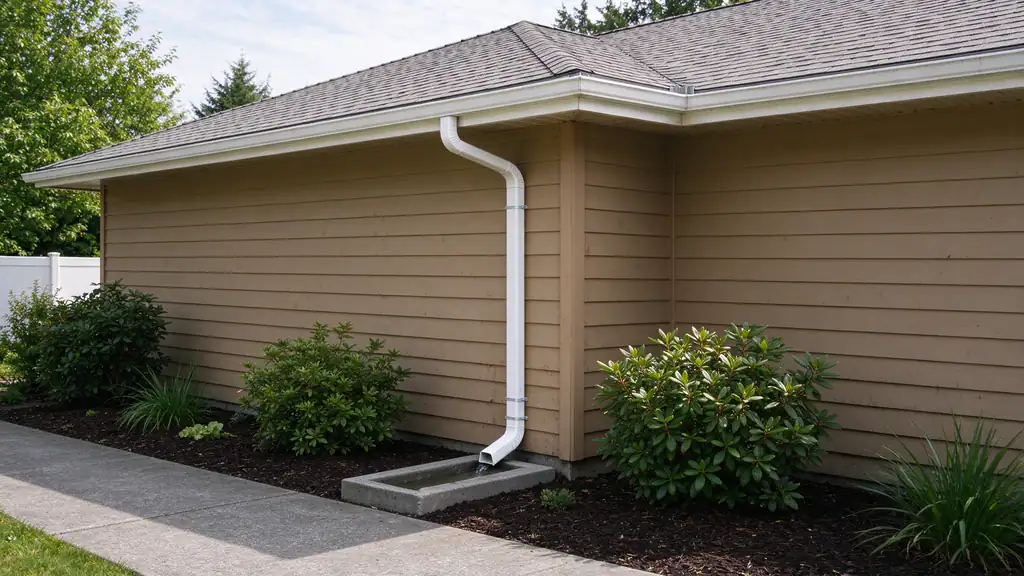 Aluminum 3x4 downspout strapped to the siding at the corner of a house, ending in an elbow