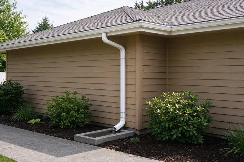 Downspout strapped to siding with an extension running across the lawn