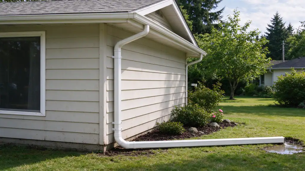 Aluminum downspout extension carrying roof water across a lawn away from a house foundation