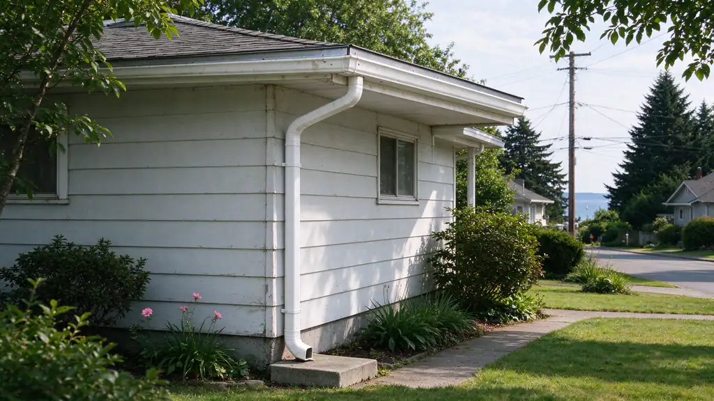Aluminum gutter and downspout along the eave of an older one-story house in Des Moines, WA