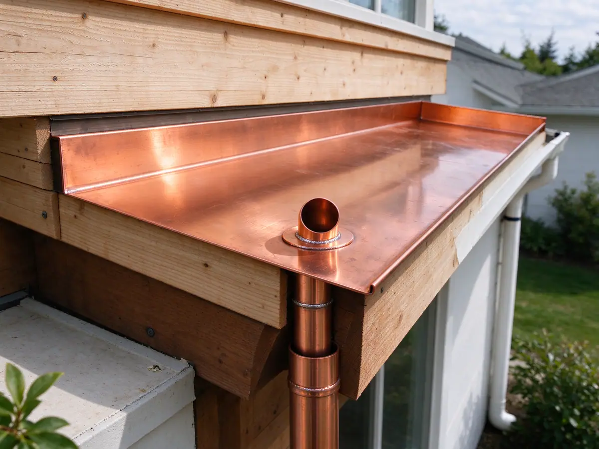 Box gutter outlet tube soldered into a new liner above a downspout