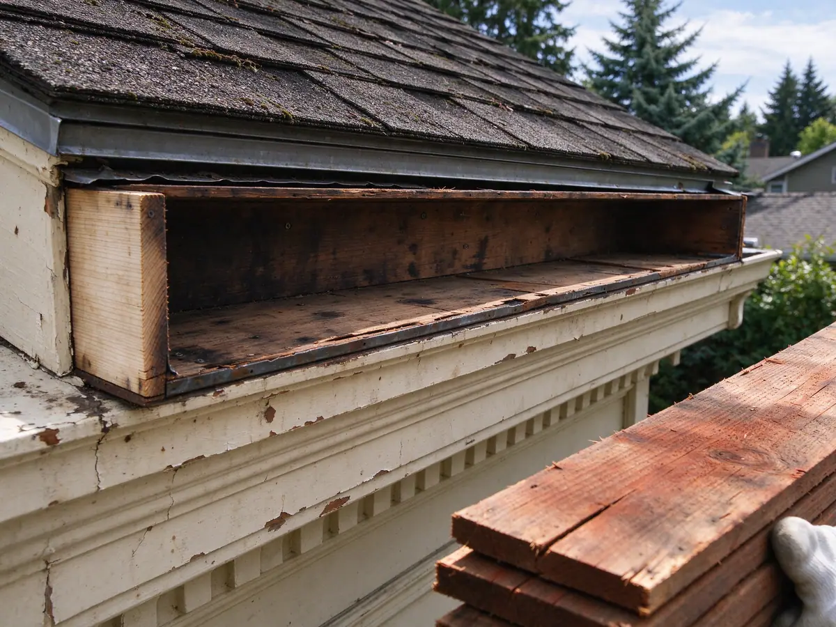 Built-in box gutter with its old metal lining cut out, showing the wood trough
