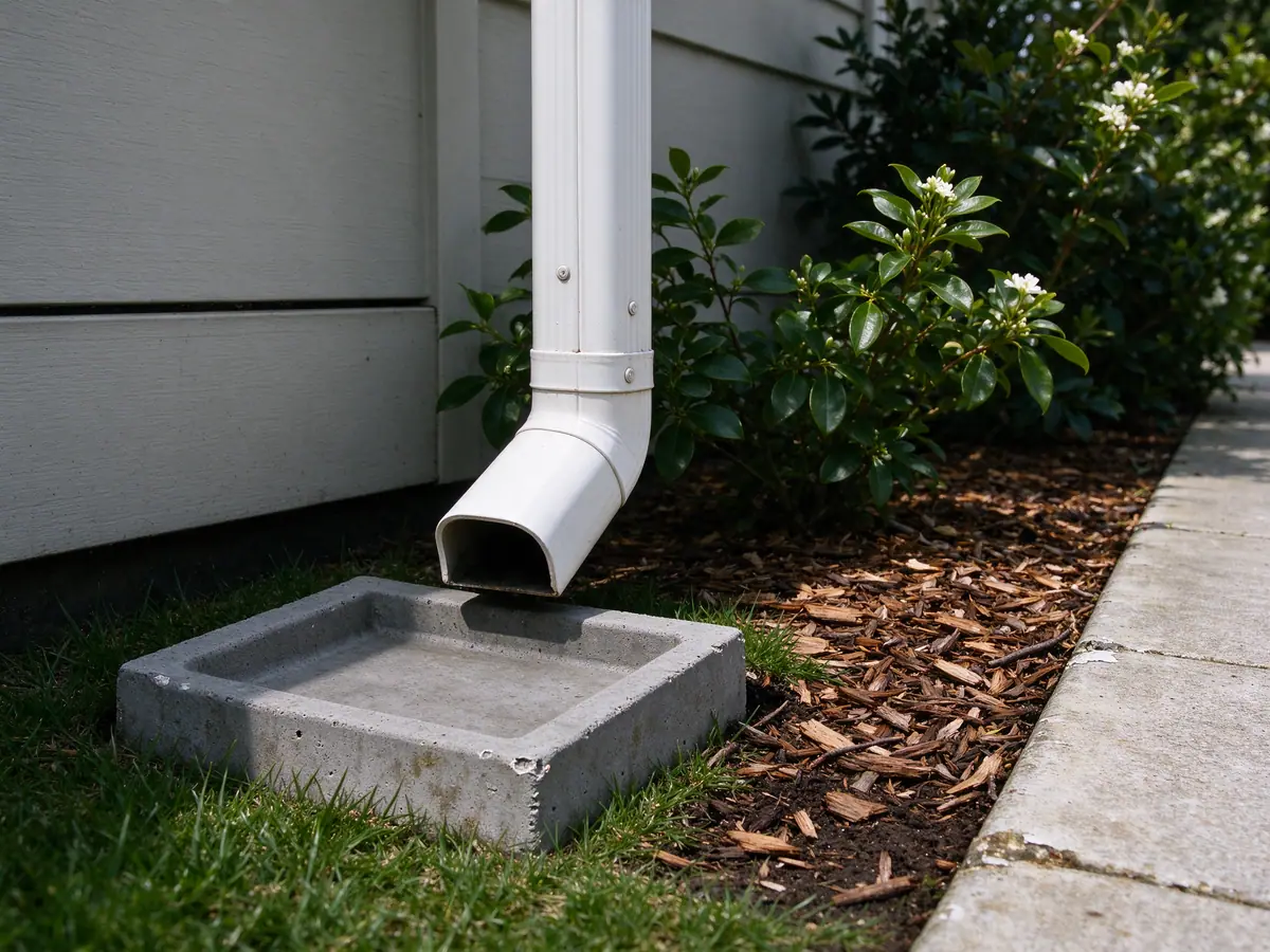 Concrete splash block under a downspout elbow beside a planting bed