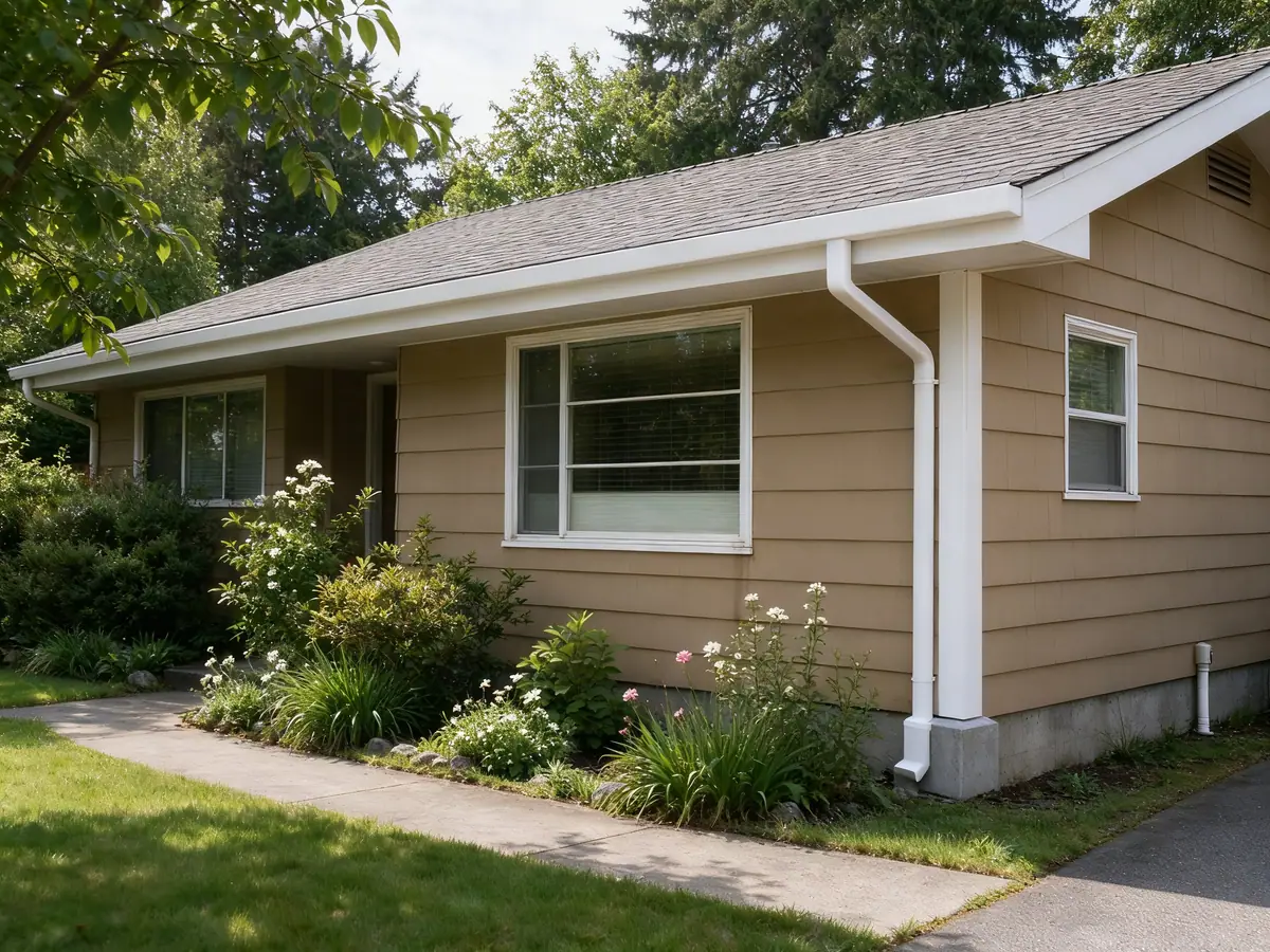 Continuous seamless K-style gutter and a new downspout on the same one-story Kent ranch