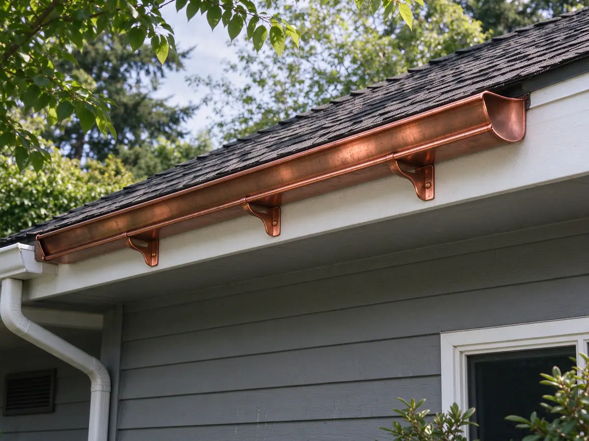 Copper half-round gutter set in copper brackets along a roof edge