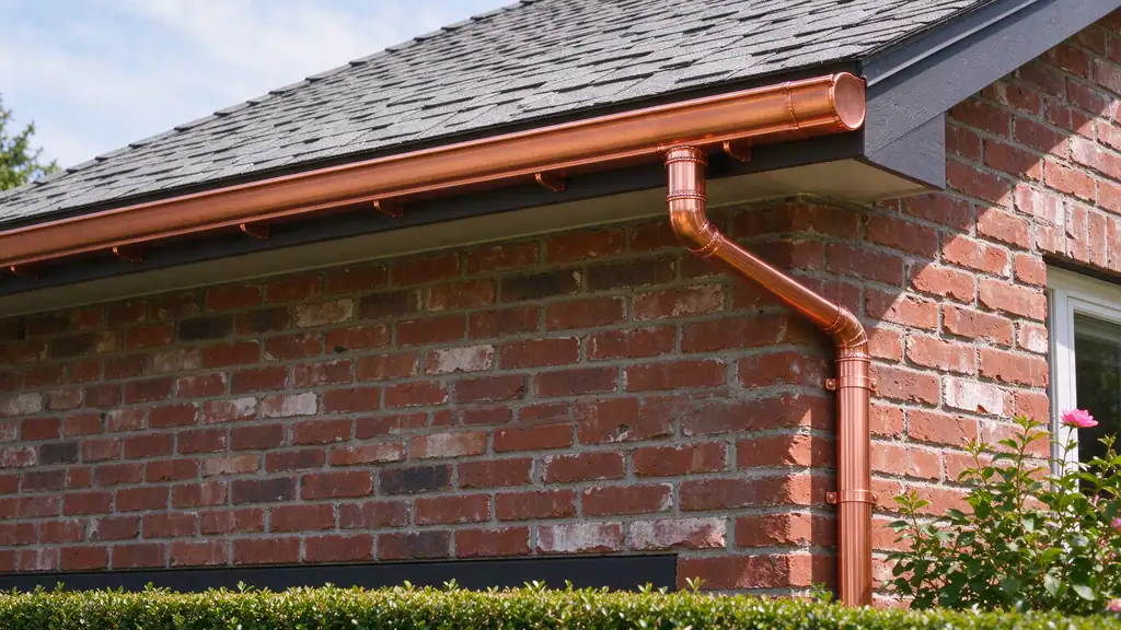 Copper half-round gutter with a soldered outlet and round copper downspout on a brick house