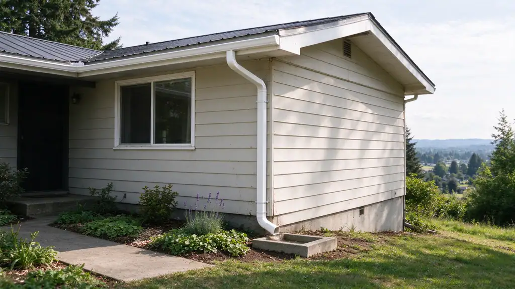 Downspout and gutter on an older one-story house on a sloped lot on Kent's West Hill