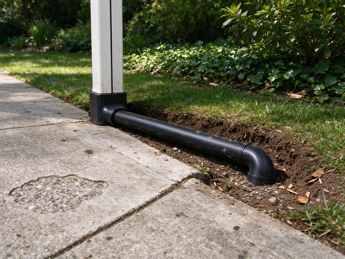 Downspout connected to a buried solid drain pipe at a driveway edge
