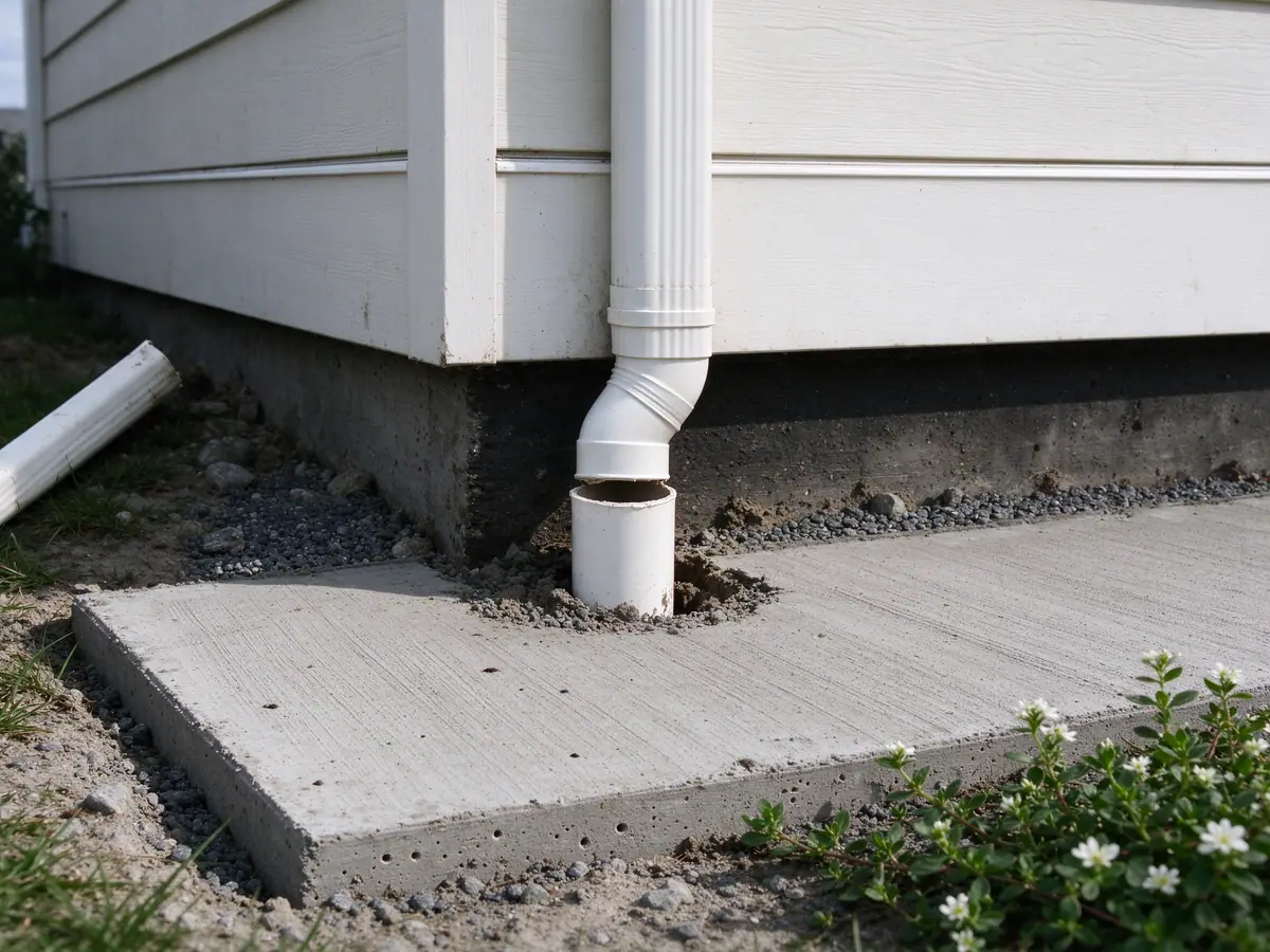Downspout connected to a capped storm stub-out beside a new foundation