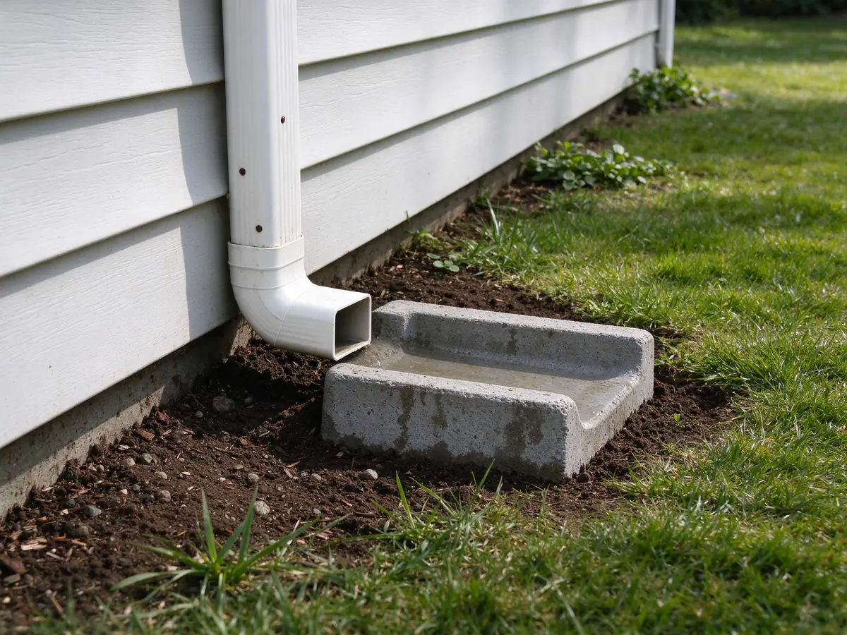 Downspout ending on a splash block that sends water onto a lawn