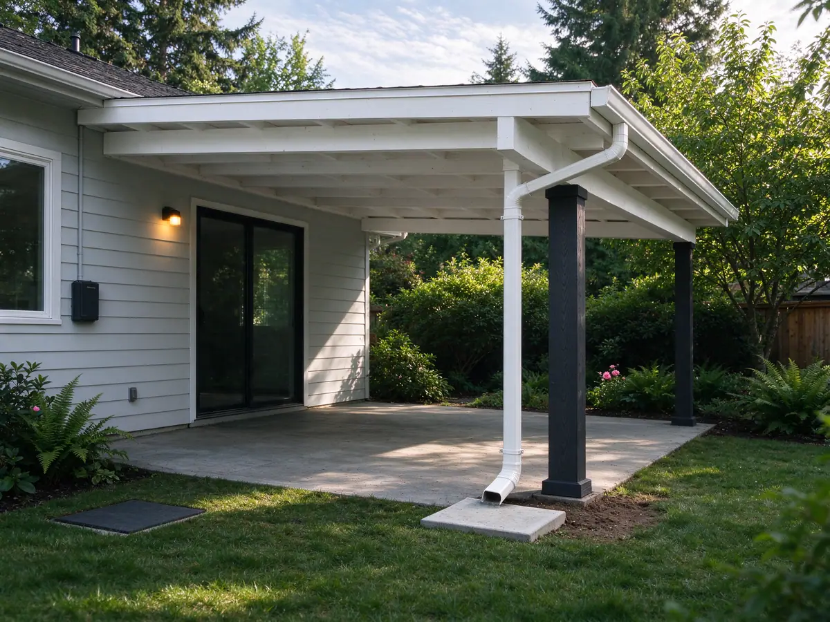 Downspout from a patio cover leading to a splash block on the lawn