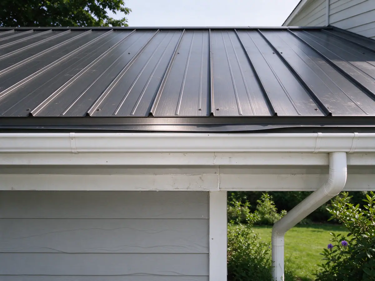 Eave trim on a metal roof directing water into the gutter
