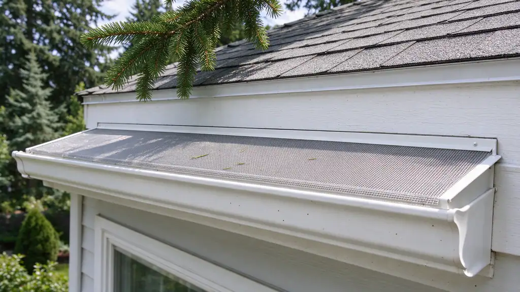 Fine stainless mesh gutter guard fitted over an aluminum gutter beneath a fir branch