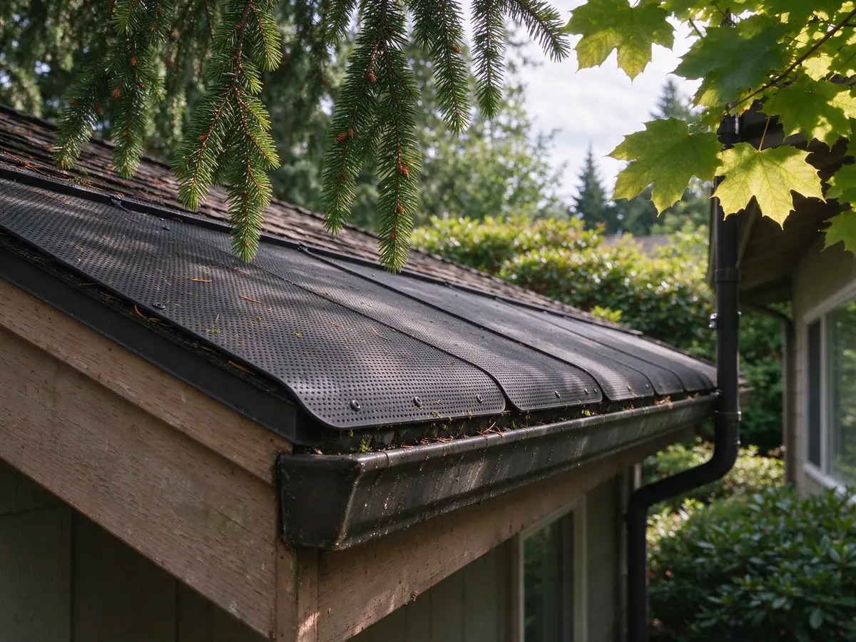 Fir and maple branches hanging over a roof edge fitted with gutter guards