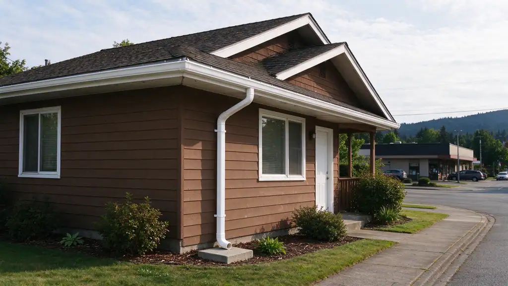 Gutter and downspout on an older one-story house on flat ground in the Kent Valley near downtown Kent