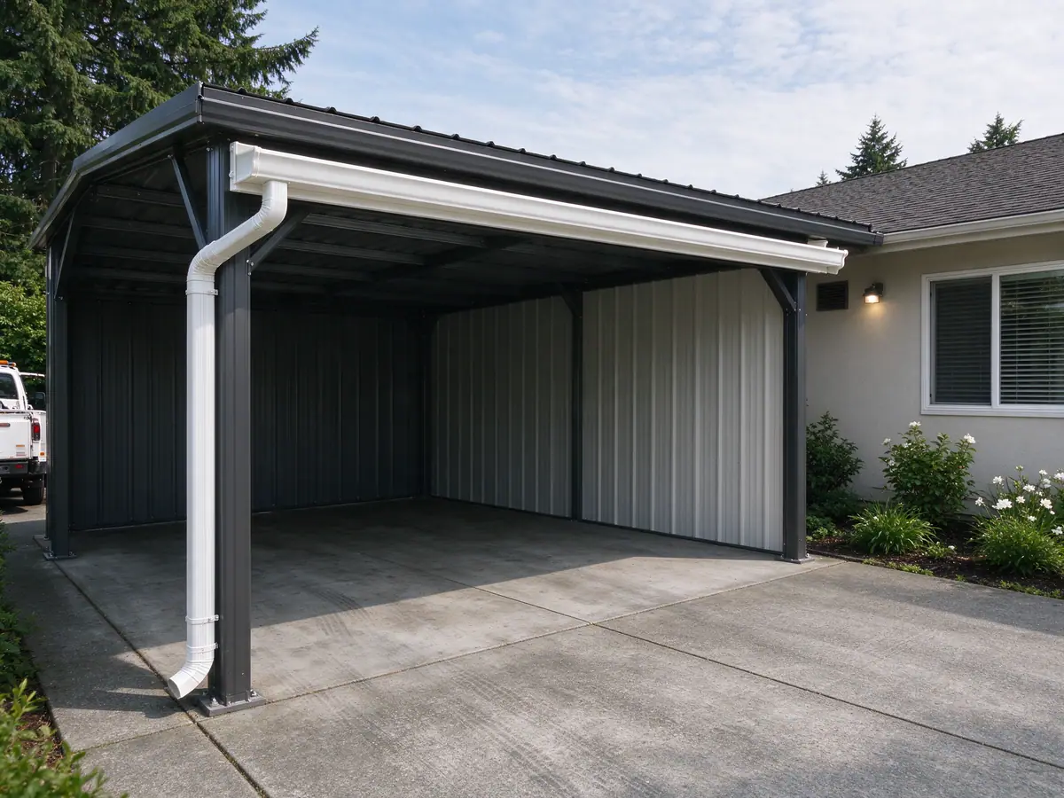 Gutter attached to the steel edge of a metal carport