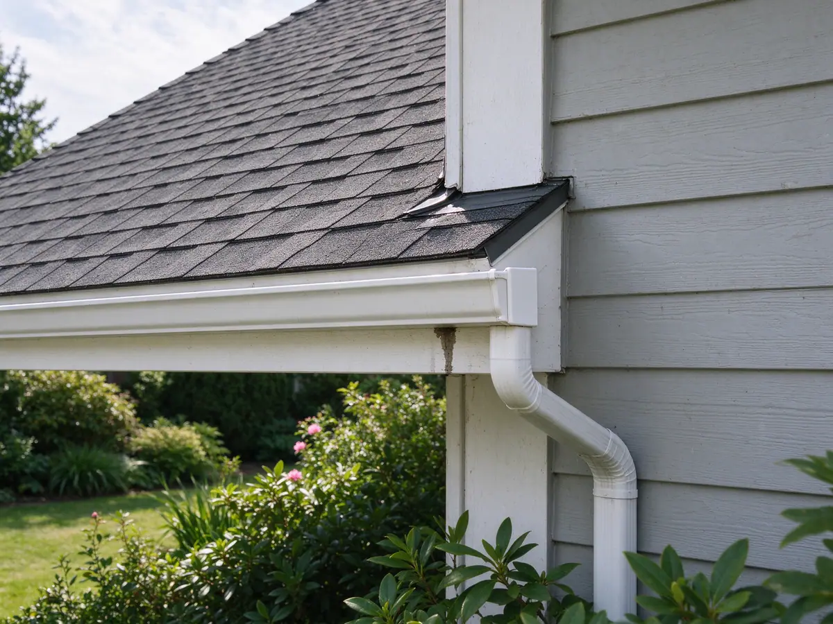 Gutter end cap and downspout at the corner of a two-story eave