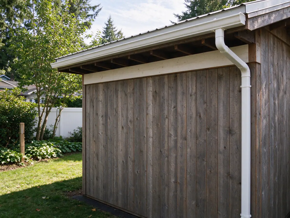 Gutter fastened to a wood backer board on shed rafter tails