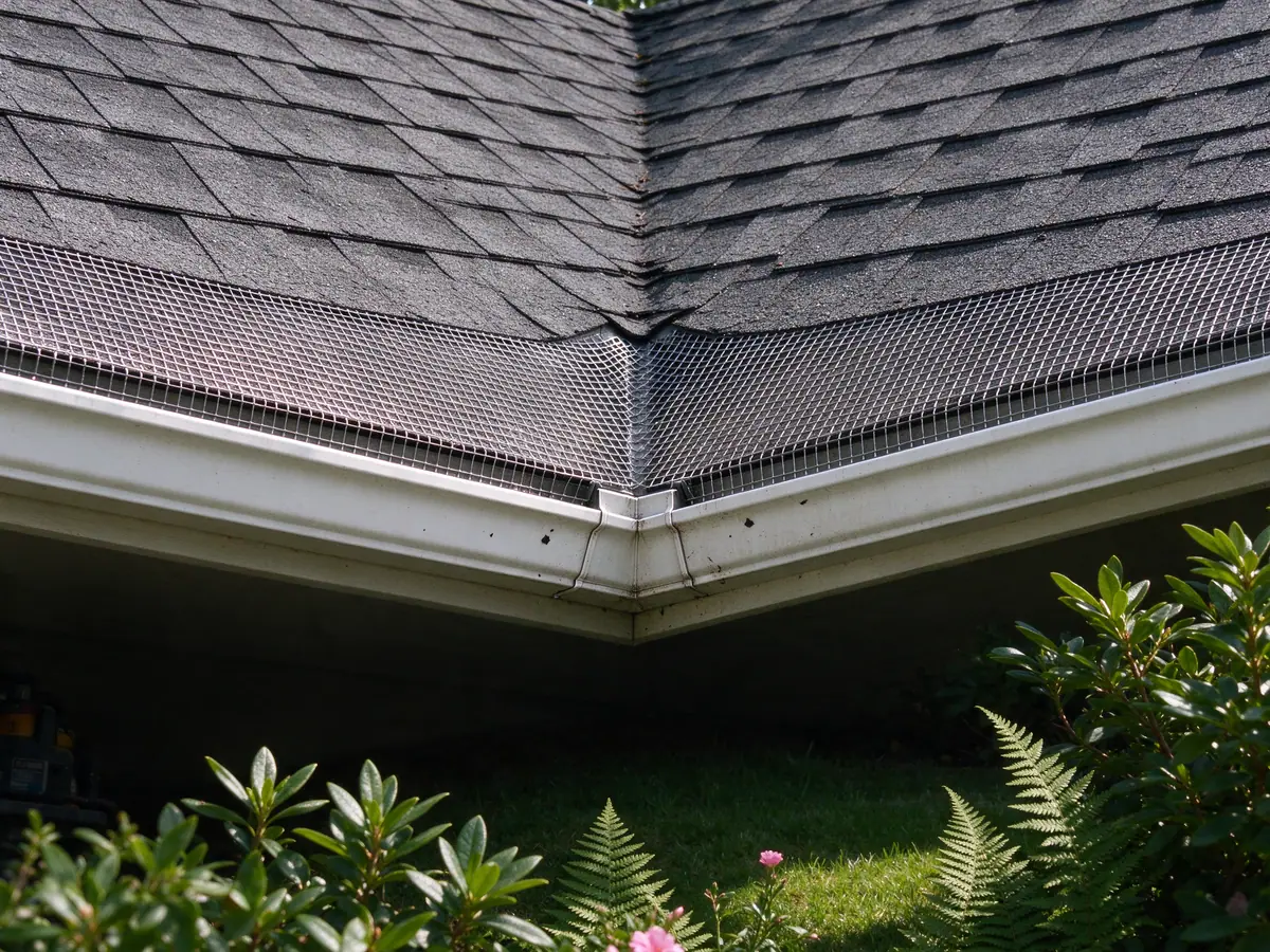 Gutter guard detailed around an inside corner below a roof valley