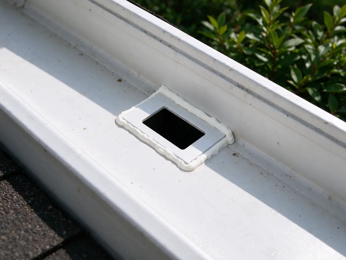Gutter outlet drop reset flush in the bottom of the trough