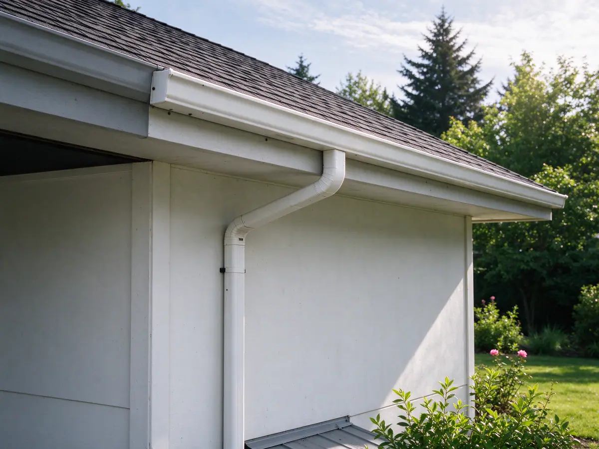Gutter outlet feeding a single downspout at a house corner