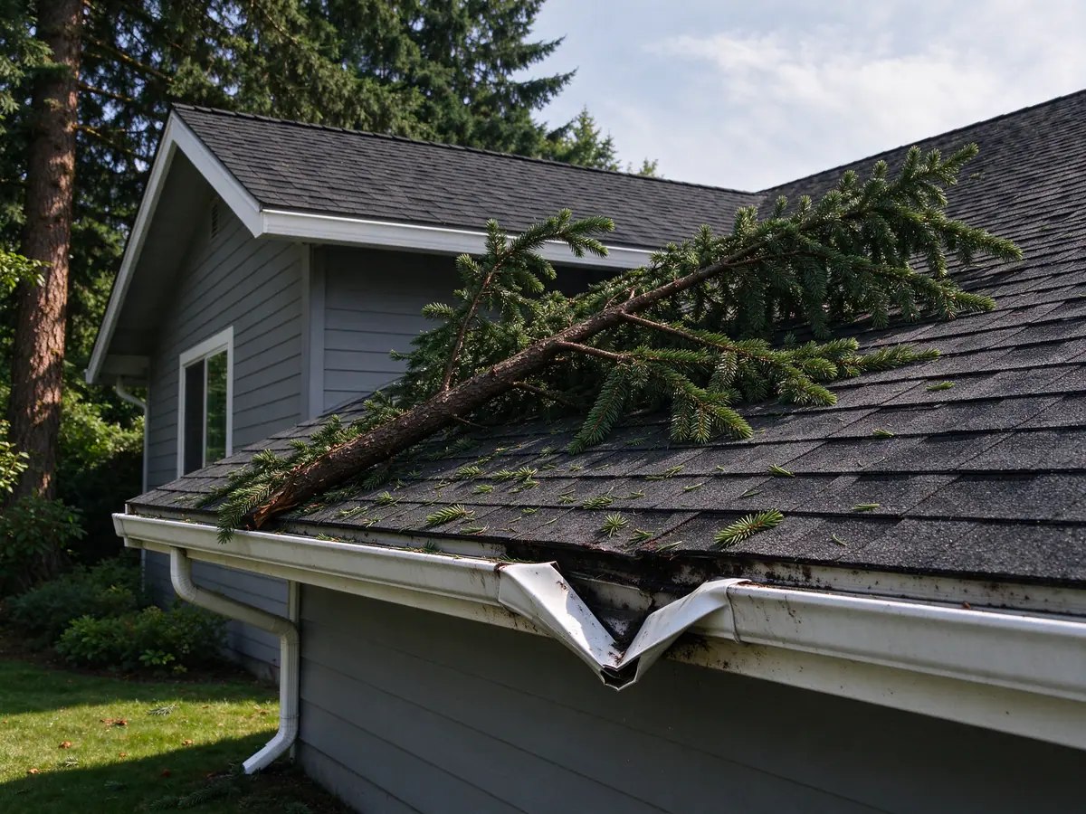 Gutter section crushed by a fallen branch along a roof edge
