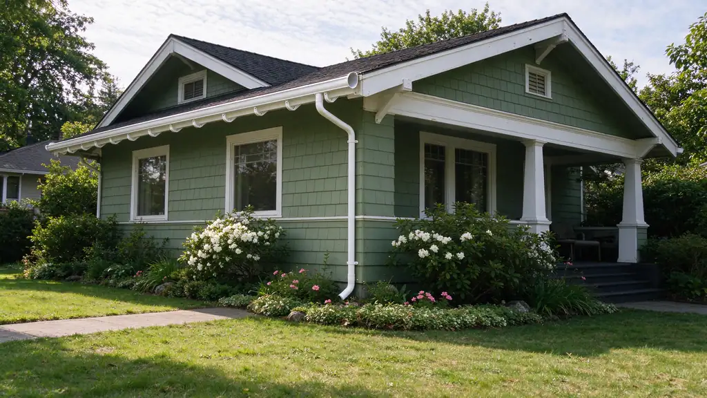 Half-round gutter on exposed brackets with a round downspout at the corner of an older house
