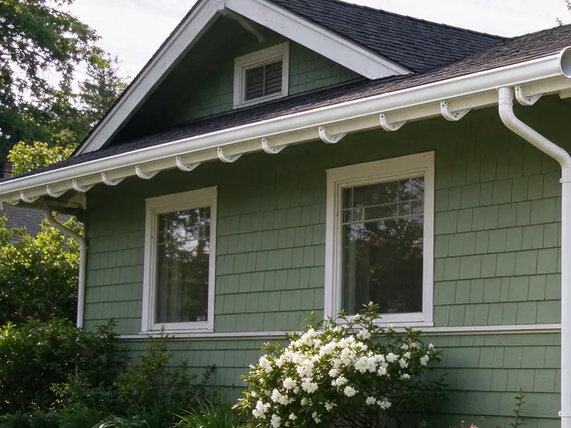Half-round gutter set in adjustable fascia brackets along an eave