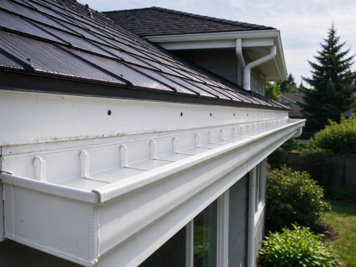 Hidden hangers spaced closely along a gutter under a metal roof