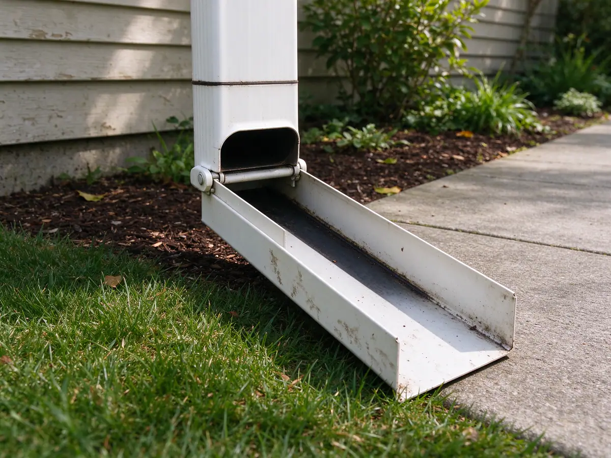 Hinged flip-up downspout extension lowered across a lawn edge