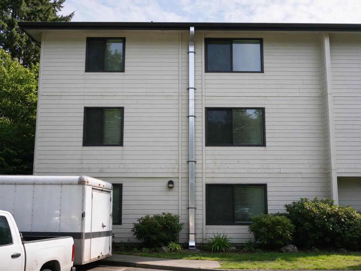 Large rectangular downspout strapped to the wall of a multifamily building