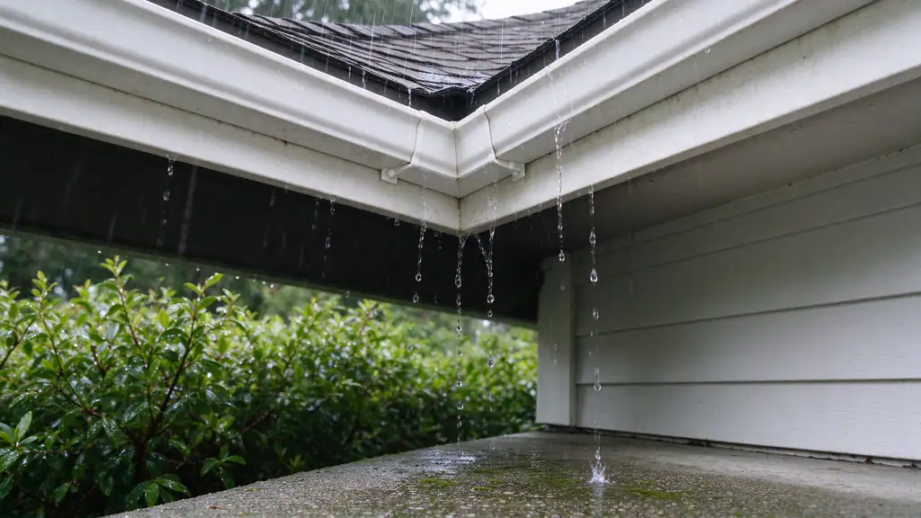 Leaking inside corner of an aluminum gutter dripping onto a walkway during rain