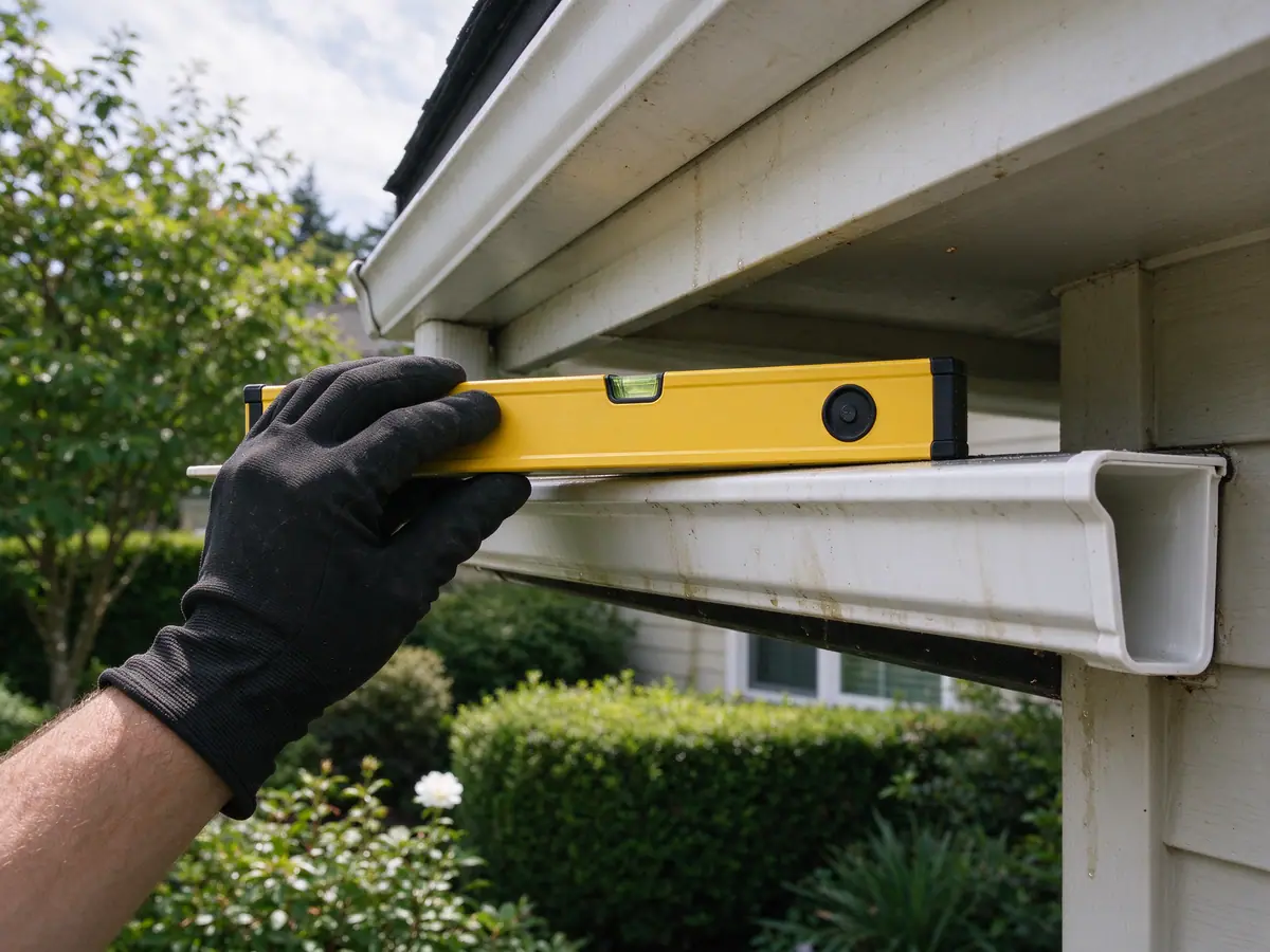 Level held along a gutter run to check its fall toward the outlet