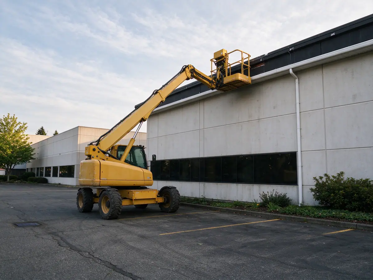 Lift set up beside a commercial building for work at the roof edge
