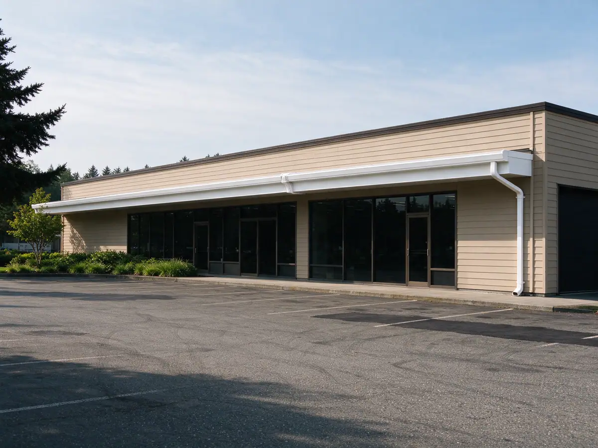 Long K-style gutter run and downspout along a one-story commercial building