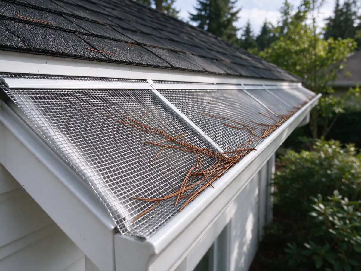 Micro-mesh gutter guard with fir needles resting on top after a windy day
