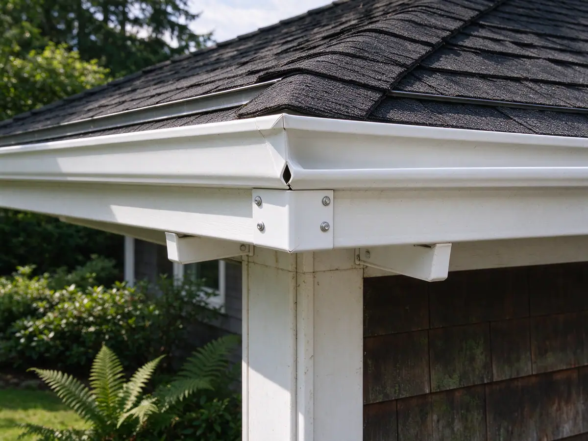 Mitered outside corner joining two seamless runs at a roof corner