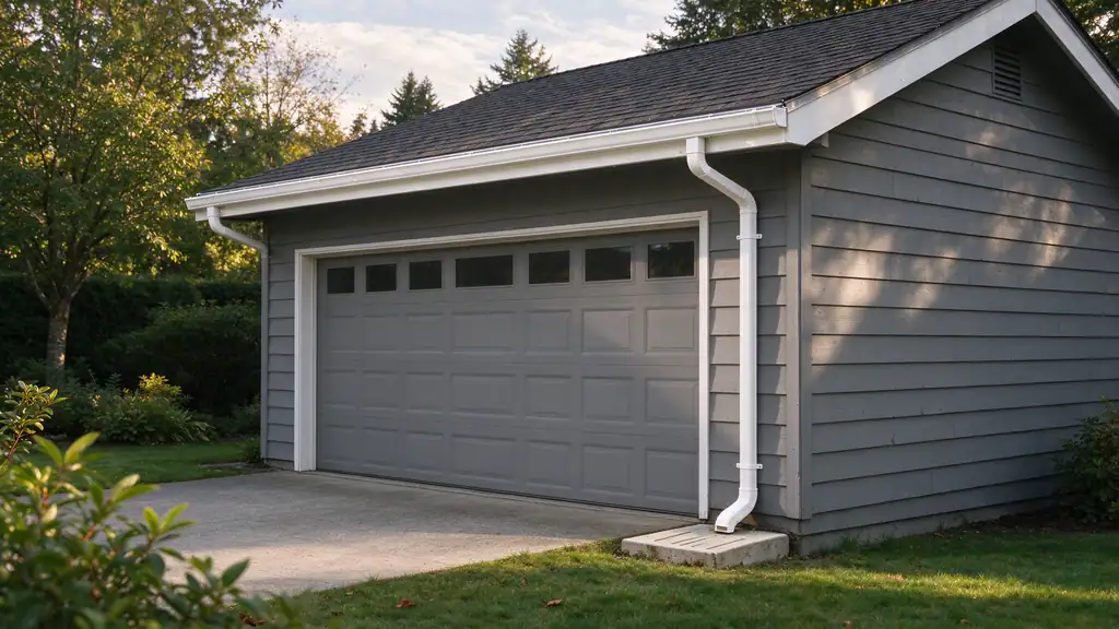 New aluminum gutter and downspout on the eave of a detached garage beside a driveway