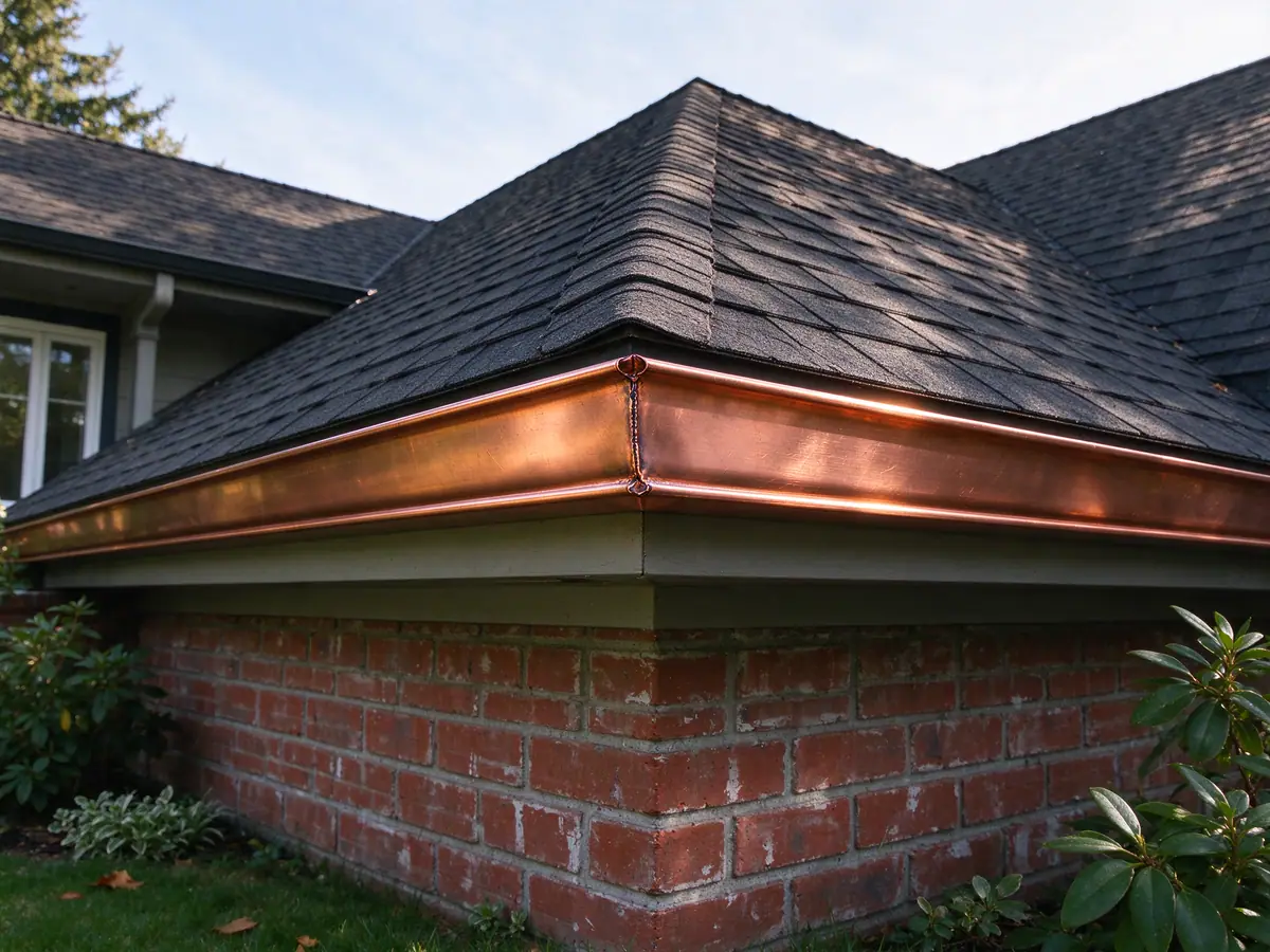 New copper gutter turning the outside corner of a brick house roof