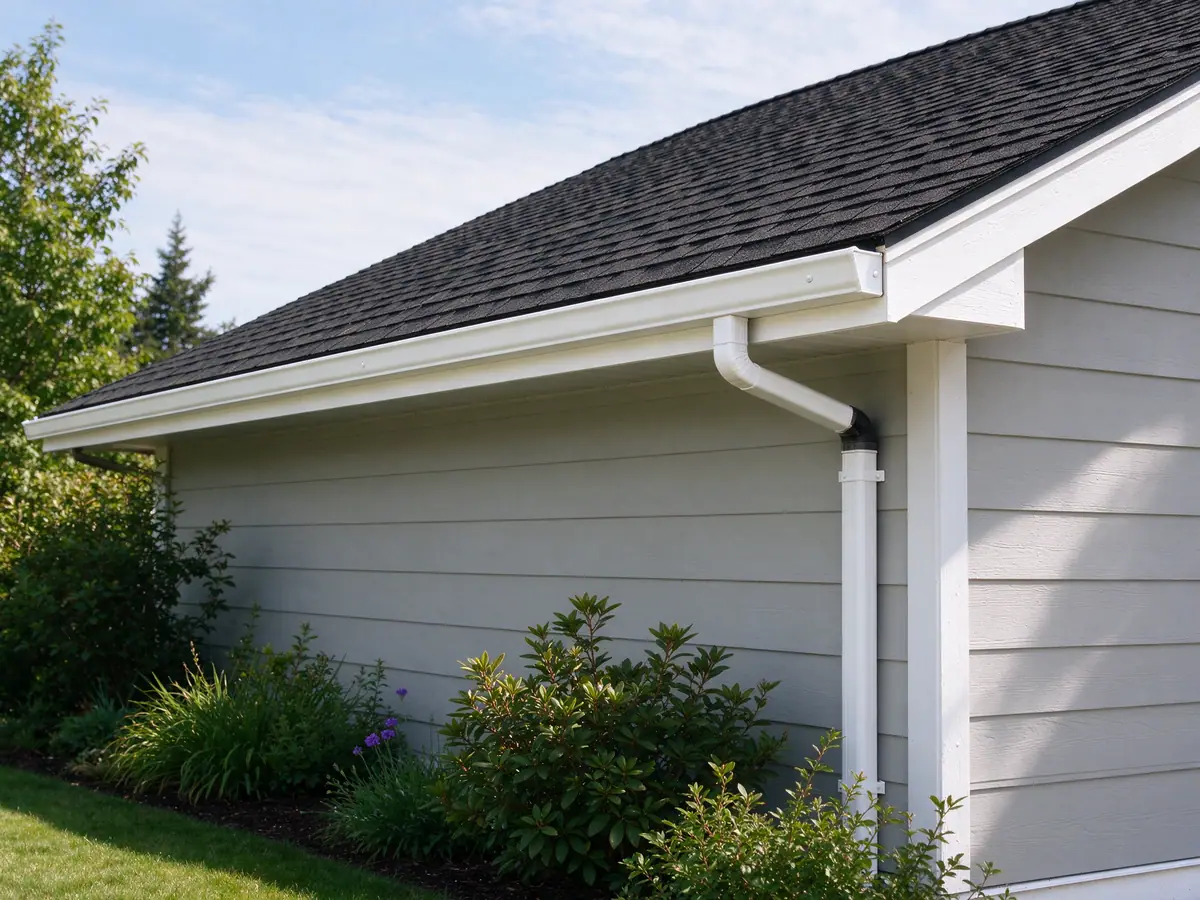 New gutter and downspout on a freshly painted fascia at a roof corner
