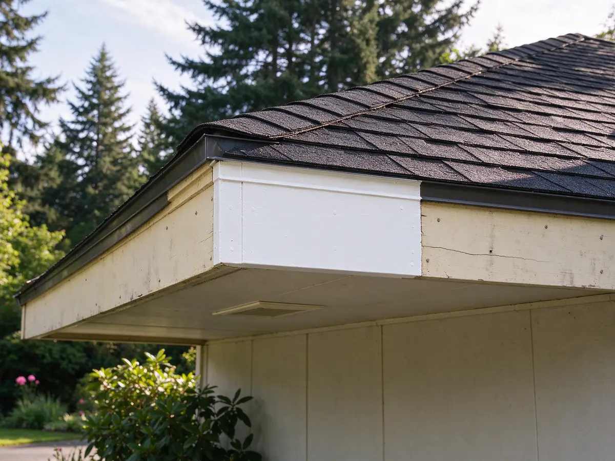 New primed fascia section fitted between two sound boards at a roof corner