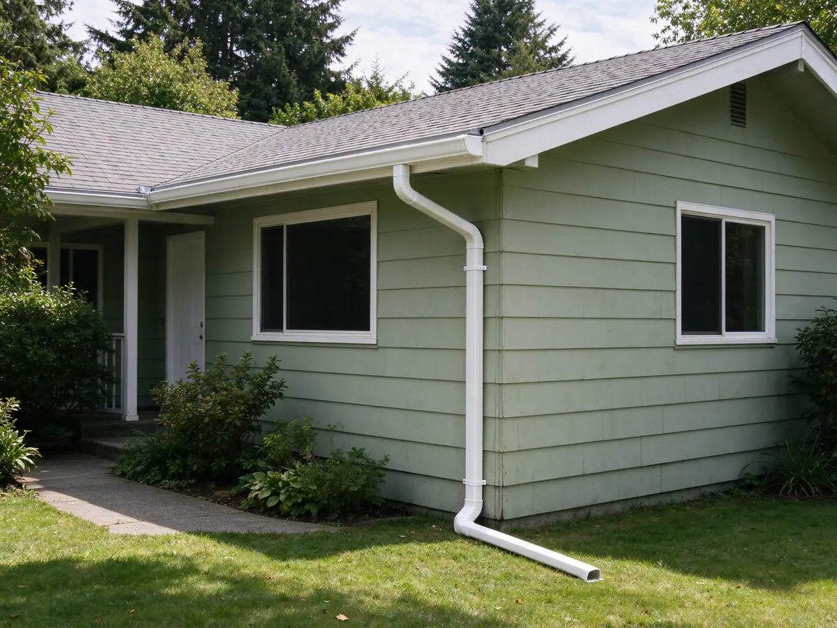 New seamless aluminum gutters with an added outlet and a downspout carried away from the wall on the same Kent rambler