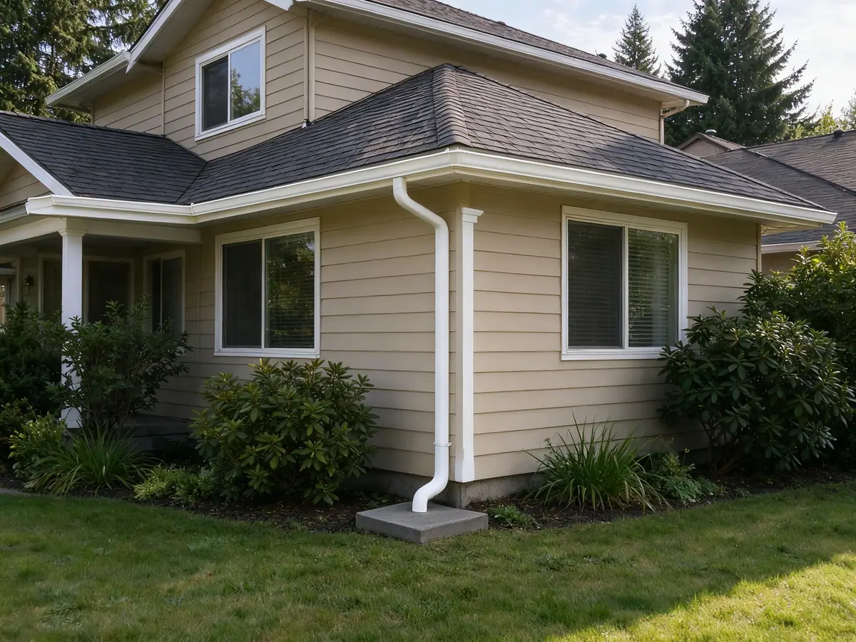 New seamless gutter and downspout on a two-story house after replacement