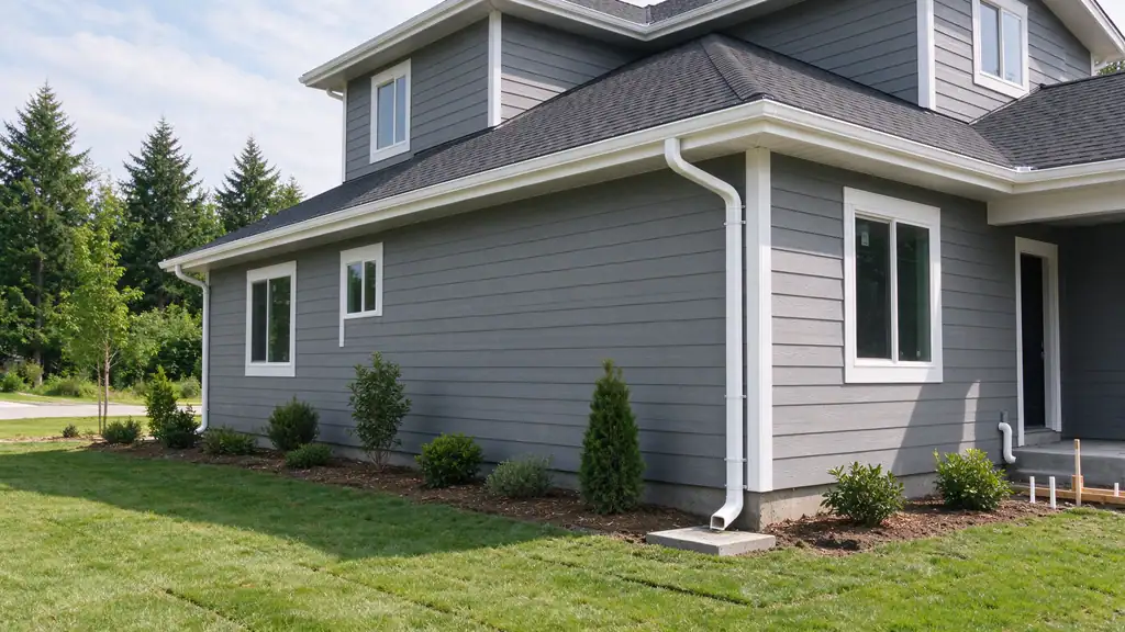 New seamless gutters and downspouts on a recently built two-story house with fresh landscaping