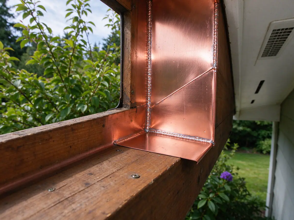 New soldered copper liner fitted into a wood box gutter