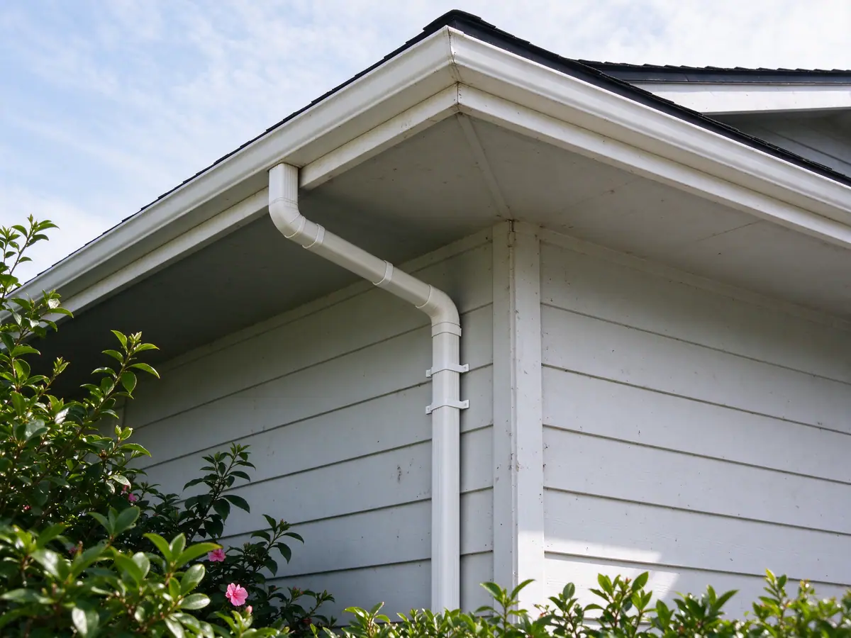 Offset elbows carrying a downspout back from the eave to the wall