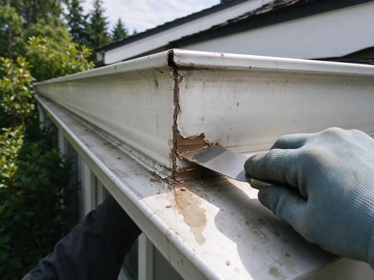 Old sealant being scraped out of a gutter corner before resealing